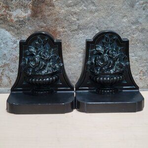 Vintage Pair Floral Rose Pot Metal Bronze Bookends